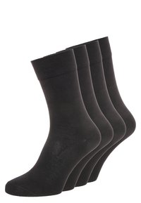 Schwarze Baumwollsocken, vier Paar, Knöchellänge, gerippter Bund, glatte Textur, geeignet für Freizeit- oder formelle Anlässe.