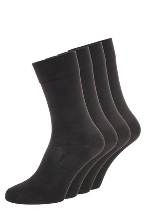 Schwarze Baumwollsocken, vier Paar, Knöchellänge, gerippter Bund, glatte Textur, geeignet für Freizeit- oder formelle Anlässe.