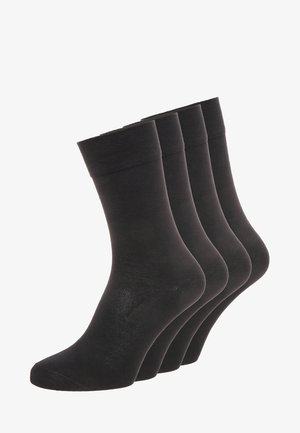 Black cotton socks, four pairs, mid-calf length, ribbed top, smooth texture, suitable for casual or formal wear.