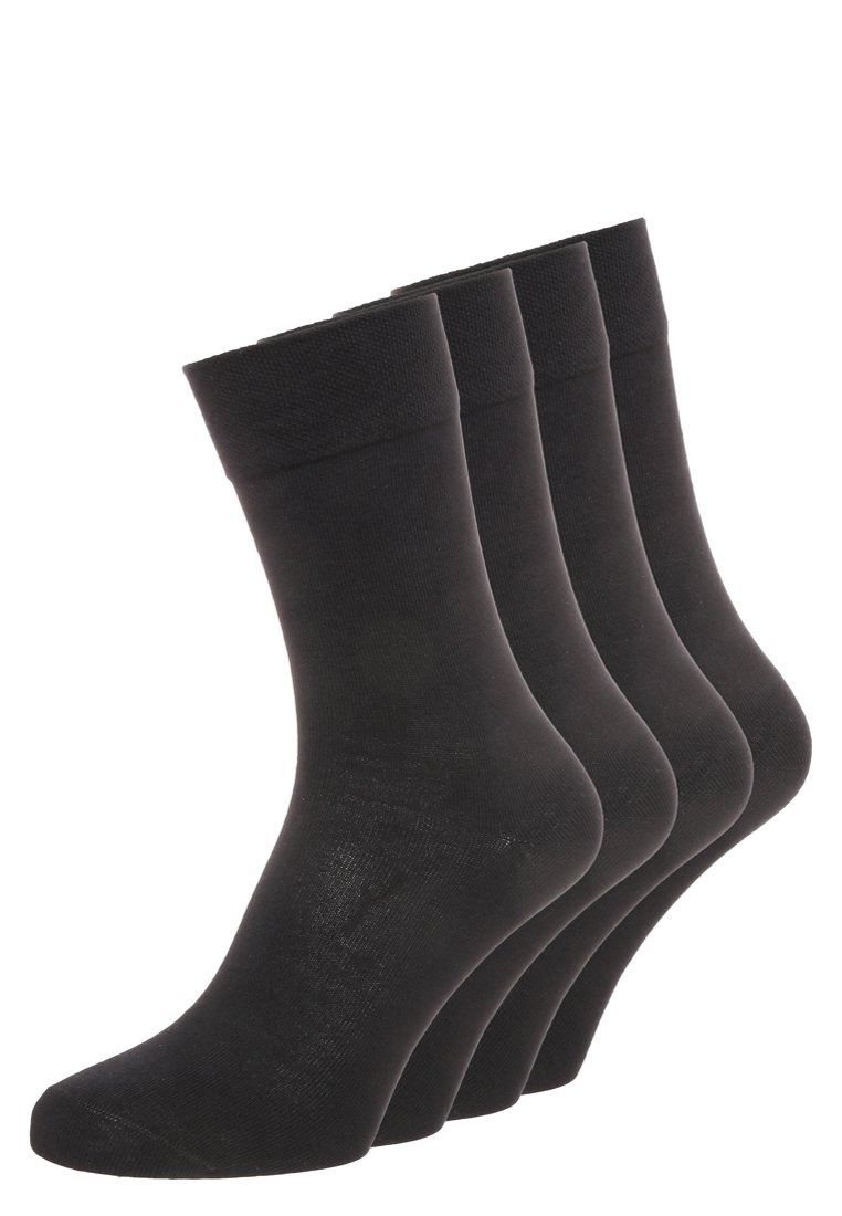 Schwarze Baumwollsocken, vier Paar, Knöchellänge, gerippter Bund, glatte Textur, geeignet für Freizeit- oder formelle Anlässe.