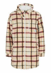 Fleece hoodie med et beige og ternet mønster, med lynlås foran, justerbar snorehætte og to sidelommer. Blød tekstur.