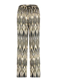 Printed relaxed-fit trousers featuring a zigzag pattern in black, cream, and gold, with an elastic waistband and two back pockets.