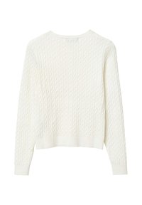 Weißer, gestrickter Pullover mit einem strukturierten Zopfmuster, langen Ärmeln und einem runden Ausschnitt. Kurz geschnitten mit gerippten Manschetten und Saum.