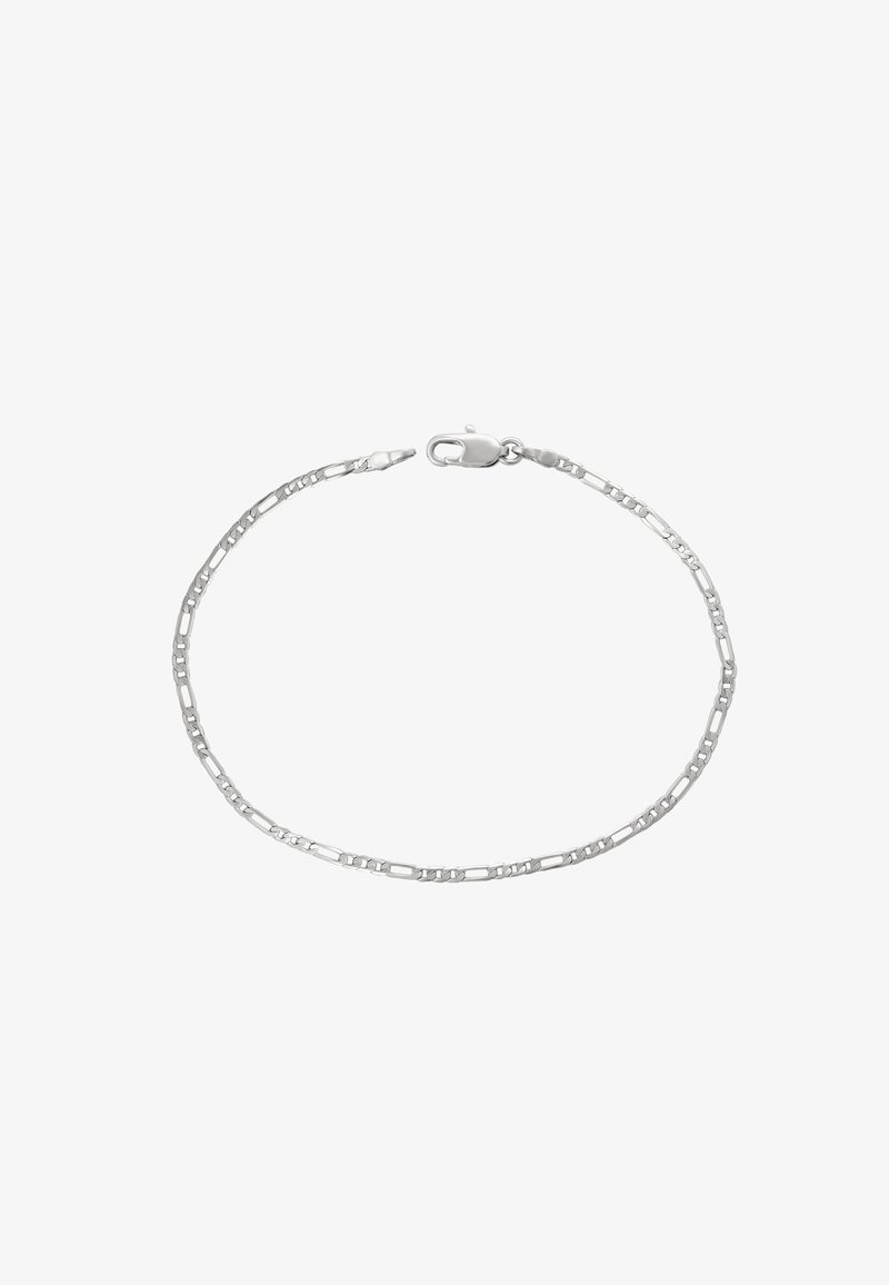 Bracciale in argento con maglie piatte e rotonde alternate. È dotato di un sicuro chiusura a moschettone e di una finitura liscia e lucida.