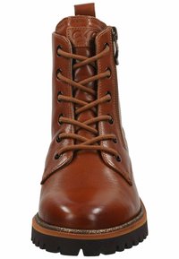 Brown leather ankle boot with round toe, lace-up design, and side zipper. Features textured upper and a rugged sole with a slight heel.
