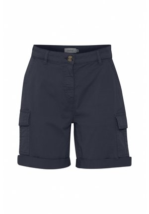 Mørkeblå cargo shorts lavet af bomuld, med opsmøg, sidelommer og knaplukning. Glat tekstur med synlige sømme.