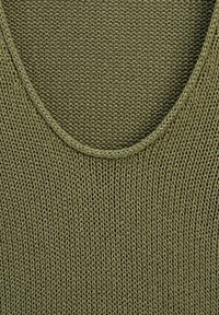 Olive green knit tank top with a scoop neckline. The texture is fine and closely woven, showcasing a consistent pattern throughout.