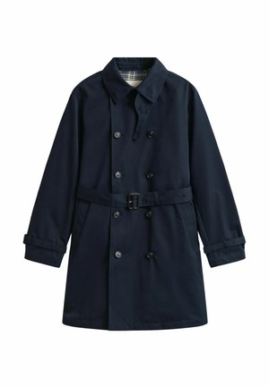 Dunkelblauer Trenchcoat aus glattem Stoff, mit einer doppelreihigen Knopfleiste, tailliertem Gürtel und hochgerollten Ärmeln mit verstellbaren Riegeln.