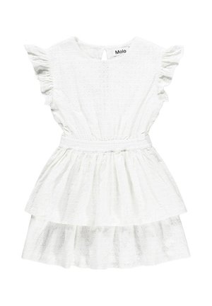 Biała bawełniana sukienka z falbanami na rękawach, marszczonym pasem i warstwową spódnicą. Posiada teksturowany wzór oraz wycięcie na plecach w kształcie klucza.