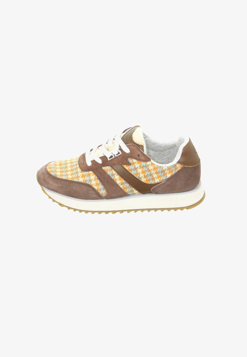 Brown and beige sneaker with white laces, orange and gray houndstooth fabric panels, and a textured rubber sole.