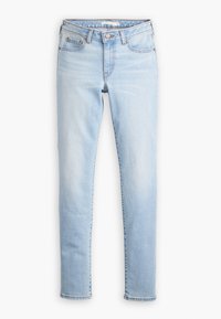 Jeans skinny de color azul claro con una cintura de altura media, diseño de cinco bolsillos y tela de mezclilla que presenta un ligero desgaste y costuras en contraste.