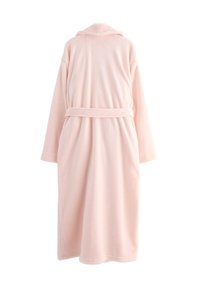 Soft pink fleece robe with long sleeves, a shawl collar, and a waist belt. Simple, straight silhouette with no visible patterns or accents.