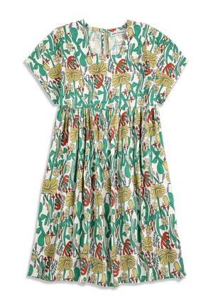 Sukienka dziecięca z krótkim rękawem i marszczonym stanem, ozdobiona kolorowym kwiatowym wzorem w odcieniach zieleni, żółci, czerwieni i bieli na jasnym tle.