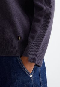 Maglione lavorato a maglia di un violaceo scuro con polsini e orlo a costine. Presenta un piccolo dettaglio logato in metallo. Abbinato a jeans in denim blu.