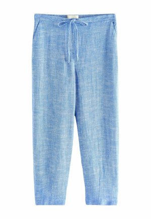 Vaaleansiniset pellavahousut, joissa on kalanruotokuvio, joustava vyötärö nauhakiinnityksellä ja sivutaskut, kapeneva leikkaus, sileä pinta.