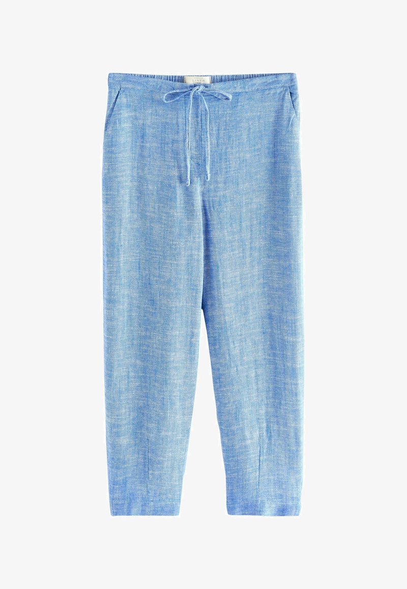 Pantalon en lin bleu clair avec motif chevrons, taille élastique avec cordon de serrage, poches latérales, coupe fuselée, texture lisse.