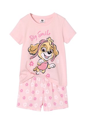 Pink short-sleeve top with "Big Smile" text and cartoon puppy, paired with pink and white floral print shorts.