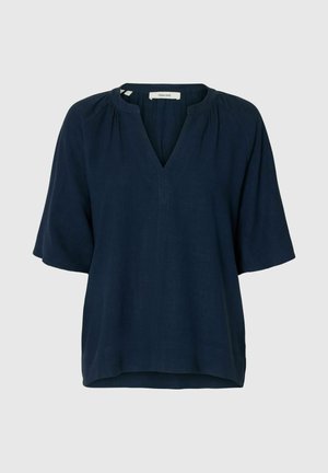 Marineblaue Bluse mit kurzen Ärmeln, V-Ausschnitt und lockerem Schnitt, aus leichtem Stoff gefertigt.