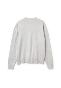 Světle šedý svetr s dlouhými rukávy, žebrovaným lemem a kulatým výstřihem. Měkká textura bez viditelných vzorů či ozdob.