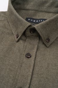 Olive green herringbone shirt with a structured collar, two dark brown buttons, and a label reading "bugatti" on a contrasting background.