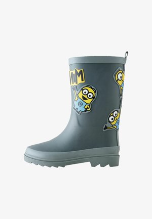 Szary gumowy kalosz ozdobiony trzema żółtymi postaciami Minionów w niebieskich ogrodniczkach.