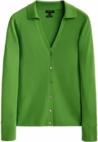 Grön ribbad stickad cardigan med långa ärmar, krage och sex framknappar.