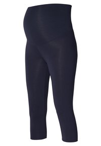 Zwangere leggings in donkerblauw, gemaakt van rekbaar materiaal, met een hoge tailleband en driekwart lengtes voor comfort en ondersteuning.