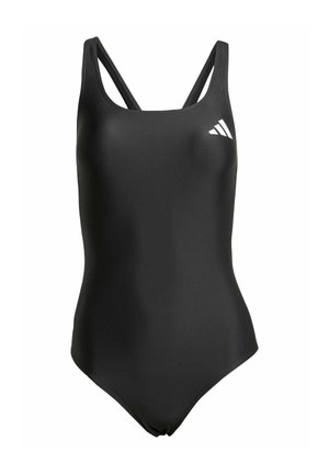 Costume da bagno intero nero con una texture liscia, spalline doppie e un accento con logo bianco sulla parte sinistra del petto.