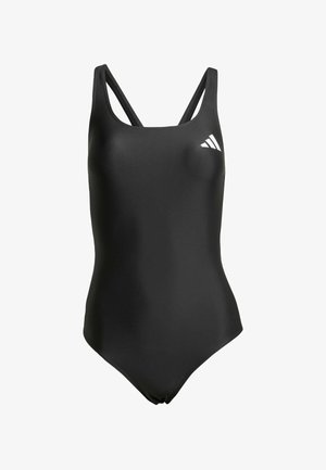 Monokini negro con una textura suave, doble tirante y un acento de logo blanco en la parte izquierda del pecho.