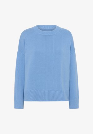 Lyseblå strikket sweater med rund halsudskæring, afslappet pasform, sænkede skuldre og ribstrikkede manchetter og kant. Struktureret overflade.