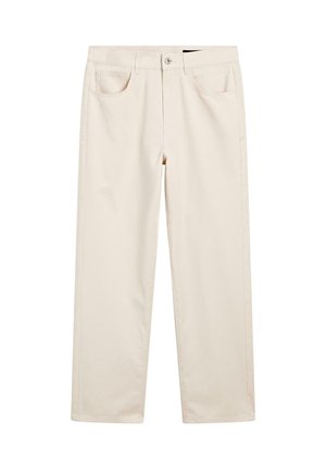Pantalons en coton beige avec une coupe droite, dotés de quatre poches, d'une fermeture à bouton et de détails de couture subtils le long des coutures.