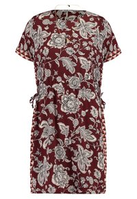 Robe florale bourgogne en tissu léger avec une coupe décontractée, des manches courtes, une taille ajustable à cordon de serrage et un bordé à motifs sur les manches.