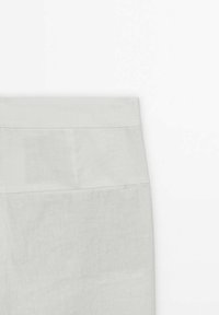 Lichtgrijze linnen rok met een gladde textuur, voorzien van een rechte snit en een eenvoudig taillebandontwerp. Geen zichtbare patronen of versieringen.