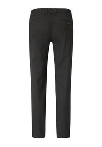 Schwarze Hose mit einem dezenten strukturierten Muster, ausgestattet mit einem elastischen Bund und zwei hinteren Taschen mit Knöpfen. Figurbetonte Passform.