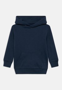 Μπλε σκούρο φούτερ με κουκούλα από απαλό ύφασμα. Διαθέτει εμπρόσθια τσέπη καγκουρό και ριμπ μανσέτες και ποδόγυρο. Απλός, μινιμαλιστικός σχεδιασμός.