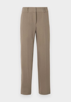 Khaki nohavice s rovnými nohavicami, pútkami na opasok a predným zipsovým zapínaním na bielom pozadí.