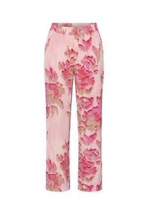 Pantalon rose avec une taille élastique arborant un motif floral audacieux dans des nuances de rose et de beige.