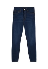Mörkblå tajta jeans i denim, med fem fickor, knappstängning och subtila sömnadsdetaljer. Ingen synlig slitning.