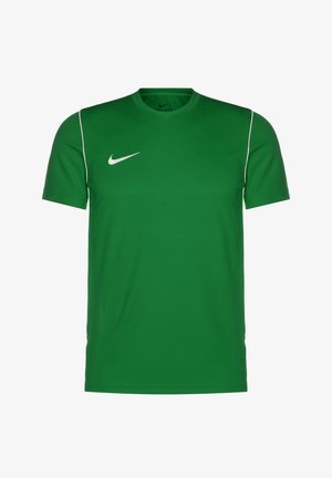Camiseta atlética verde de Nike con mangas cortas, cuello redondo y acentos blancos a lo largo de los hombros. Presenta un pequeño logo blanco en el pecho.