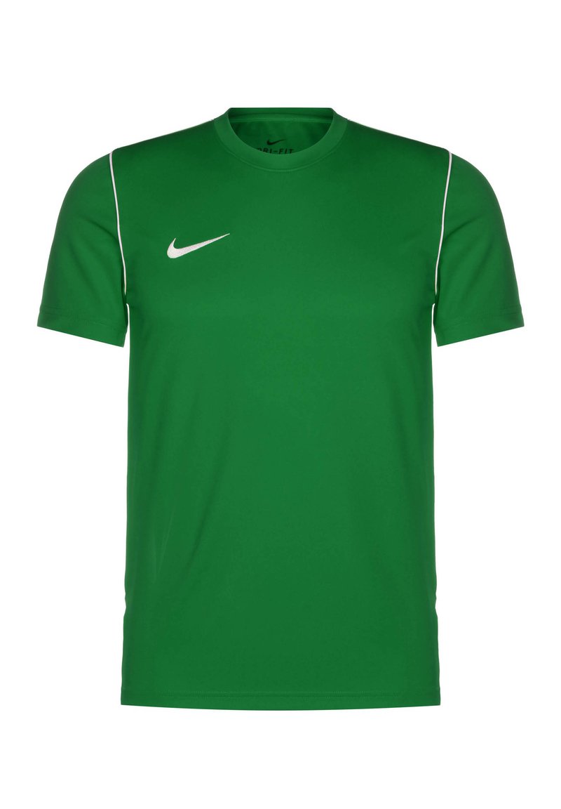 Camiseta atlética verde de Nike con mangas cortas, cuello redondo y acentos blancos a lo largo de los hombros. Presenta un pequeño logo blanco en el pecho.