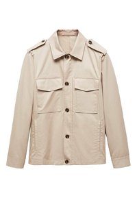 Beżowa kurtka wykonana z mieszanki bawełny, z kołnierzem, dwoma przednimi kieszeniami, zapięciem na guziki oraz naramiennikami.