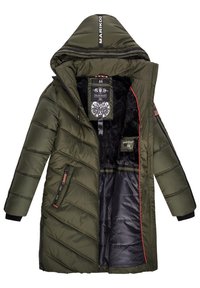 Olive green puffer jacket with quilted texture, black lining, zippered pockets, and a detachable hood. Features red accents and branding tag.