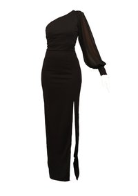 Black evening dress with a one-shoulder design. Features a fitted bodice, long sheer sleeve, and a high side slit. Smooth texture.