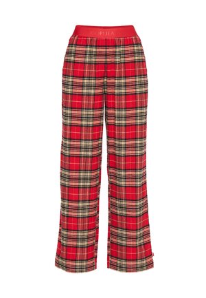 Rote karierte weite Hosen aus gemustertem Stoff, mit einem einfarbigen roten Bund, der mit dem Markennamen geprägt ist. Die Textur wirkt weich.