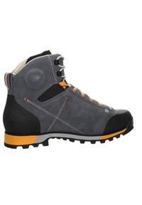 Grey hiking boot with suede upper, black rubber toe cap, orange accents, and gray laces. Features a textured sole for traction.
