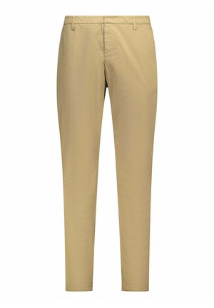 Pantaloni aderenti da uomo in cotone beige con passanti per cintura e chiusura frontale con zip, mostrati su sfondo bianco.