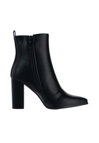 Stivaletti neri alla caviglia in ecopelle, con punta affusolata, tacco chunky e dettaglio con zip laterale. Texture liscia e design elegante.