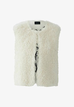 White, fluffy fur vest with an open front and no sleeves. Features a soft texture, rounded edges, and a black label inside.