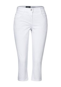 Pantalon blanc court en denim. Dispose d'une fermeture à bouton, de poches avant et d'une coupe droite. Texture lisse et lignes épurées.