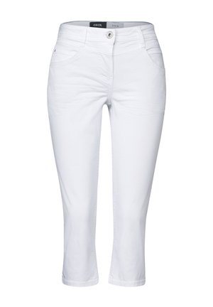 Bílé zkrácené kalhoty vyrobené z denimu. Mají zapínání na knoflík, přední kapsy a rovný střih. Hladká textura a čisté linie.